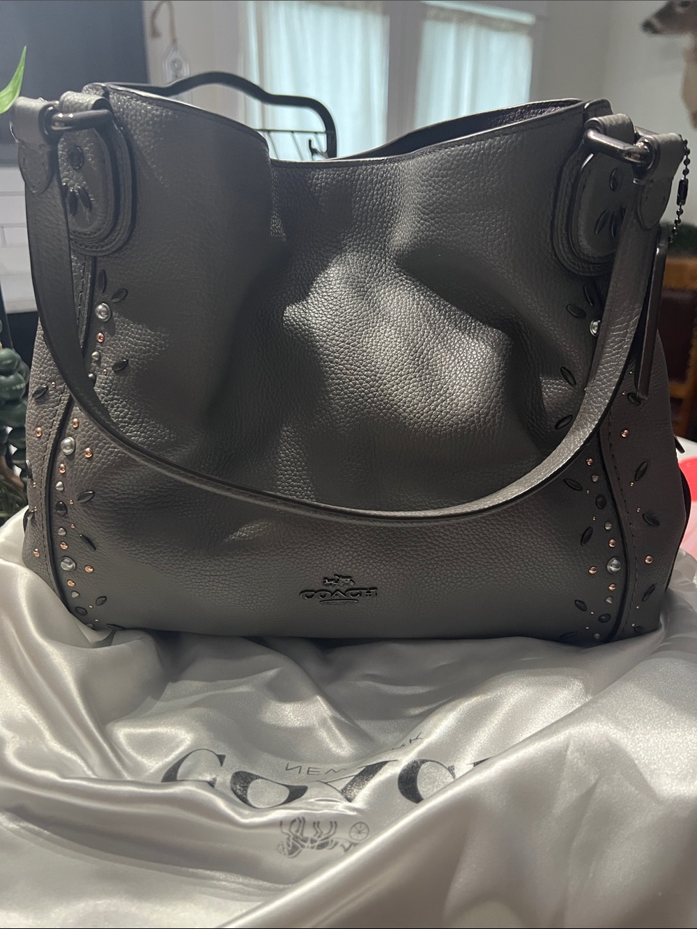 Coach Pebbled Leather Shoulder Bag in Charcoal